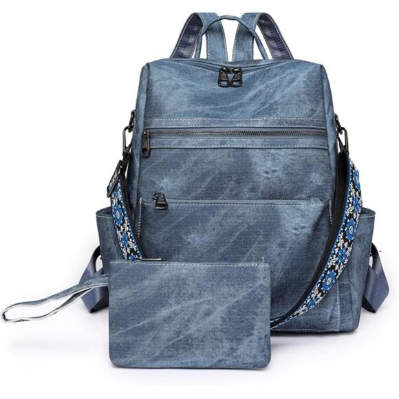 Backpack Purse, PU Leather Backpack, Blue - Picture 1 of 7